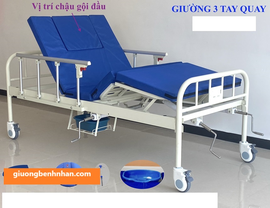  Giường y tế 3 tay quay GBM097 có bô, chậu gội